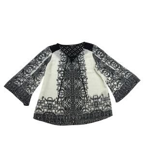 Roz & Ali Shirt Womens XL Black White Lace Up V Neck Lightweight Sheer